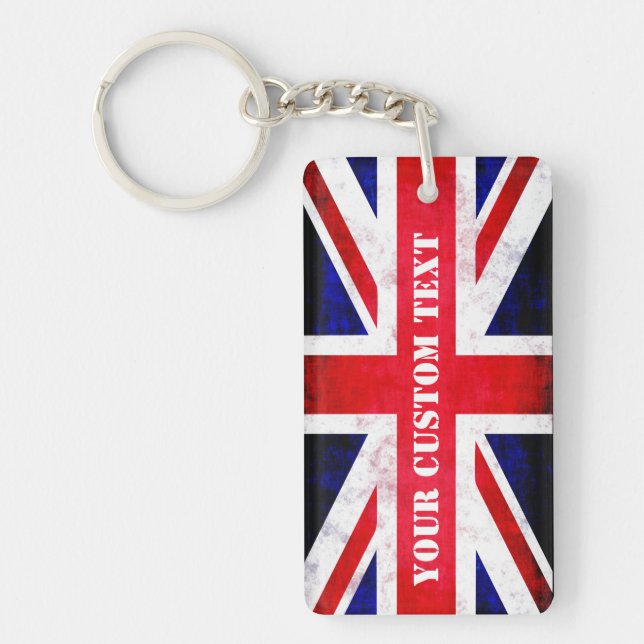 Rustic Union Jack UK Flag Custom Text Keychain (Front)