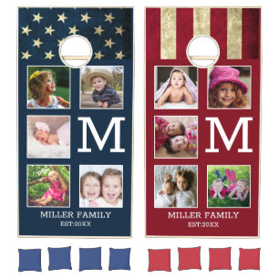Rustic USA American Flag 10 Photo Family Monogram Cornhole Set
