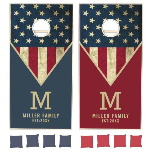 Rustic USA American Flag Family Name Monogrammed Cornhole Set