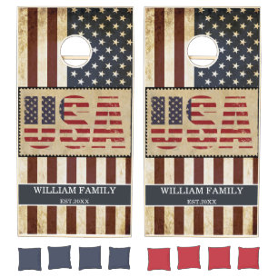 Rustic USA American Flag Family Name Patriotic  Cornhole Set