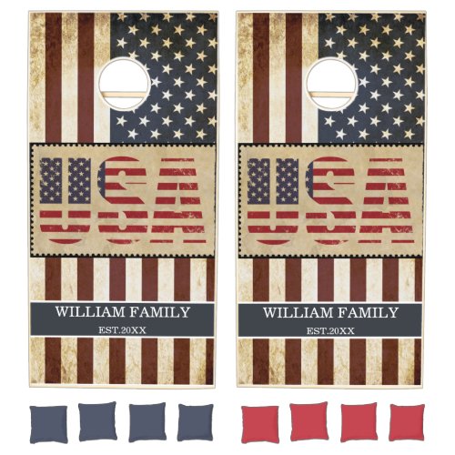 Rustic USA American Flag Family Name Patriotic  Cornhole Set