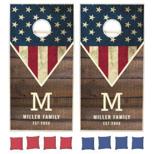 Rustic USA American Flag Monogram Name Dark Wood Cornhole Set