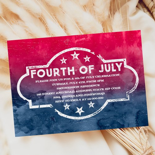 Rustic USA flag 4th of July red blue watercolor Invitation