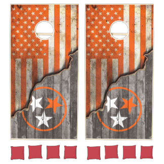 Rustic USA Flag and Tennessee State Flag Design Cornhole Set
