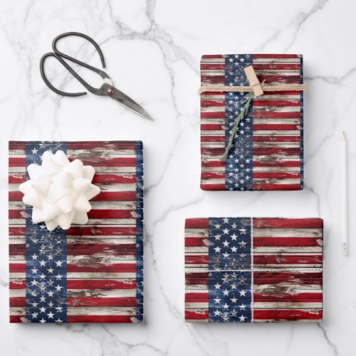 Rustic USA flag patriotic blue and red old wooden Wrapping Paper Sheets