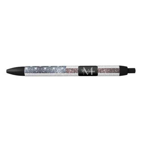 Rustic USA flag red white blue sparkles  Monogram Black Ink Pen