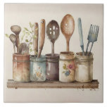 Rustic Utensils Watercolors Fatmhouse Ceramic Tile<br><div class="desc">Rustic country farmhouse watercolors utensils scene used to create this perfect ceramic tile.  Mix and match with other companion tiles to create your own customized look.  Faux stone color companion tiles are also available to create your pattern.</div>