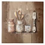 Rustic Utensils Watercolors Faux Wood Ceramic Tile<br><div class="desc">Rustic country farmhouse watercolor utensils scene on a faux wood background.  Mix and match with other companion tiles to create your own customized look.  Faux stone color companion tiles are also available to create your pattern.</div>