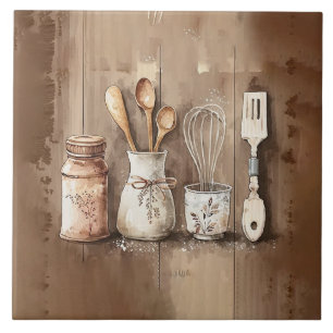 Rustic Utensils Watercolors Faux Wood Ceramic Tile