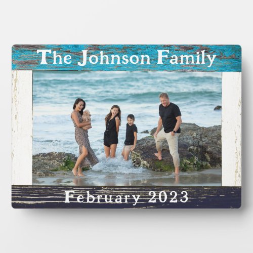 Rustic Vacation Photo Blue Wood Frame Family Name