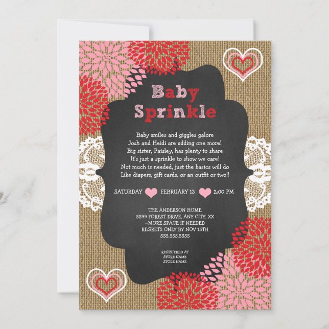 Rustic Valentine baby sprinkle invites (Front)