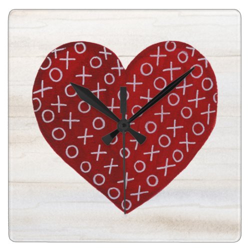 Rustic Valentine | Hugs &amp; Kisses Heart Square Wall Clock