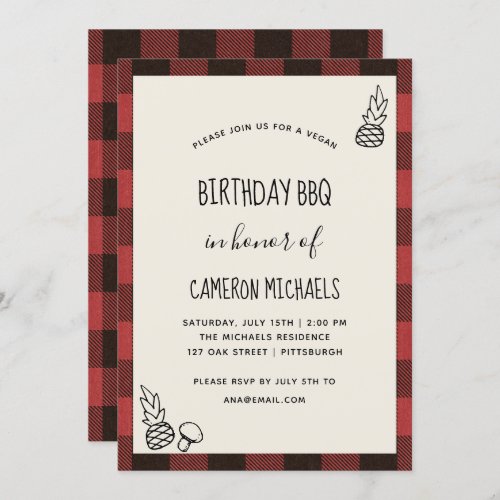 Rustic Vegan Birthday BBQ Red Plaid Invitation