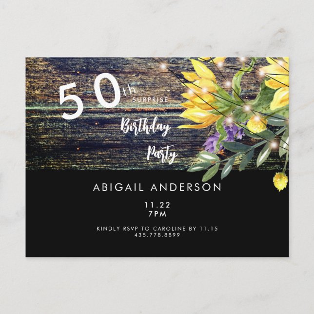 Rustic Vibes 50th Birthday Sunflower Black Invitation Postcard (Front)
