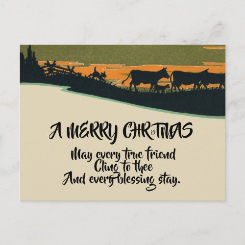 Rustic Victorian Western Bull Ranch Christmas Holiday Postcard