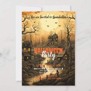 Rustic Village Bats Setting Sun Halloween Party Invitation