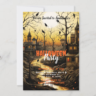 Rustic Village Bats Setting Sun Halloween Party Invitation