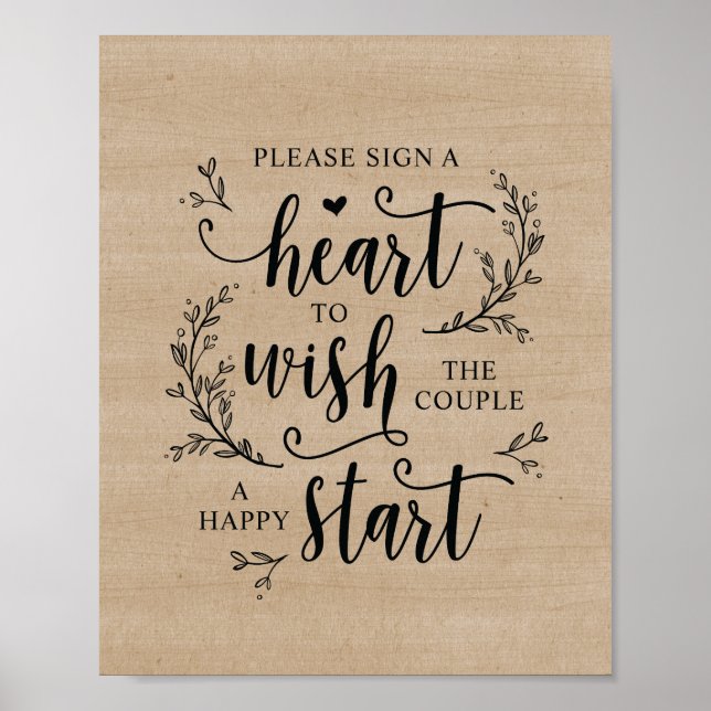 Rustic Vines Wedding Guest Book heart sign poster (Front)