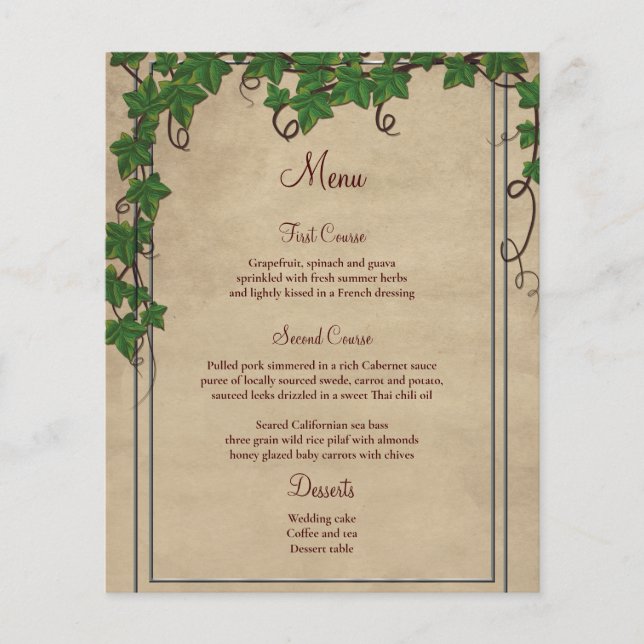 Rustic Vineyard Barn Script  Wedding Menu (Front)