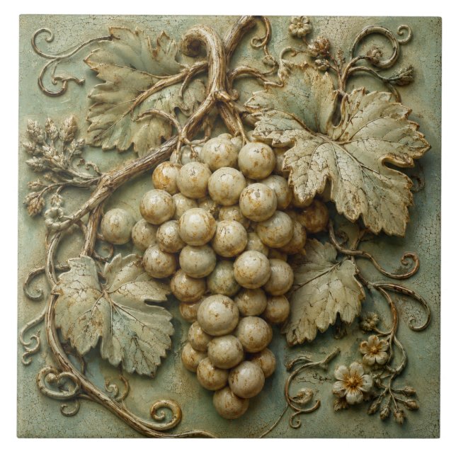 Rustic Vineyard Grapes Botanical Faux Relief Ceramic Tile (Front)