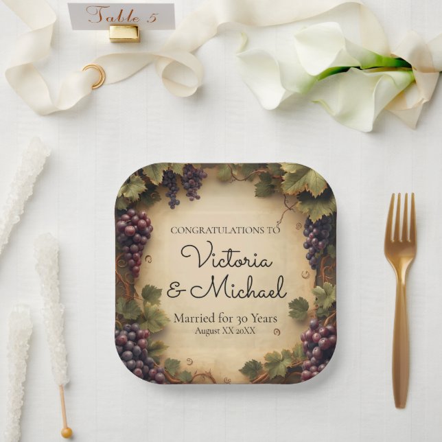 Rustic Vineyard Grapes Custom Name Paper Plates (Wedding)