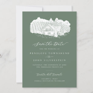 Rustic Vineyard Illustration Sage Green Wedding Save The Date