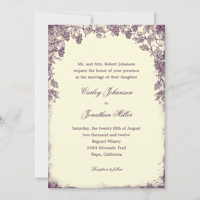 Rustic Vineyard Wedding Invitation - Purple (Front)