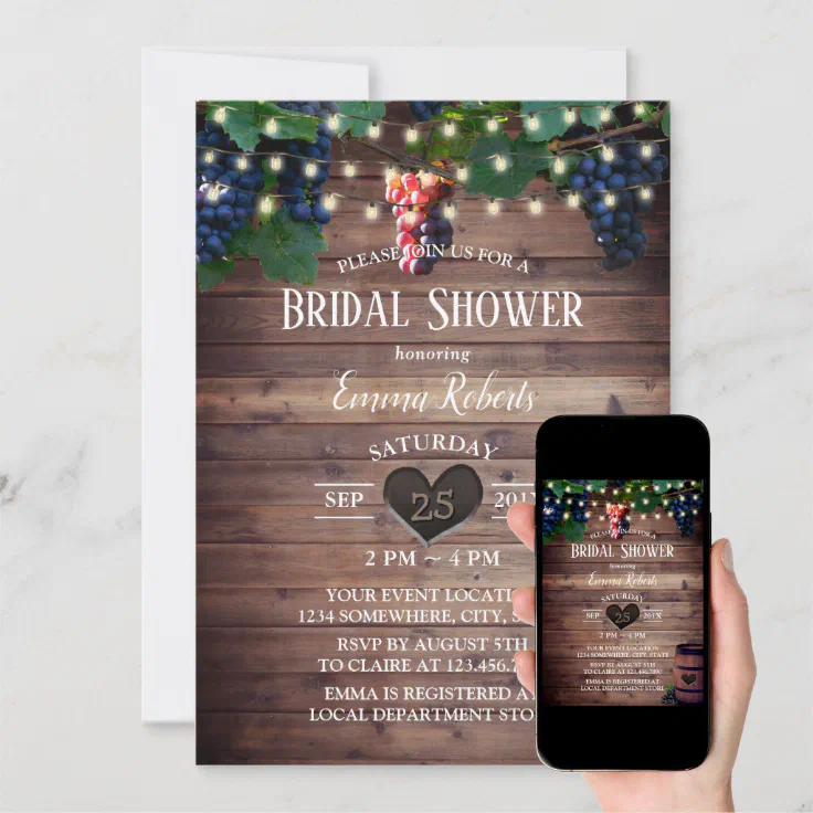 Rustic Vineyard Wine Grapes Autumn Bridal Shower Invitation Zazzle