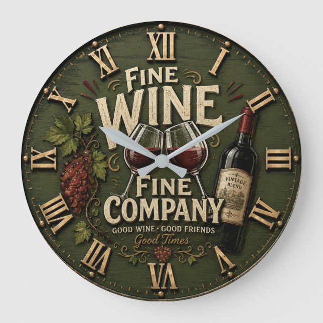 Rustic Vineyard Wine Lover Large Clock (Front)