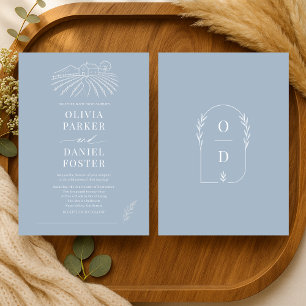 Rustic Vineyard Winery Dusty Blue Line Art Wedding Invitation