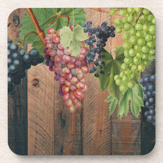 Rustic Vineyard Wood & Grapes Beverage Coaster (Front)