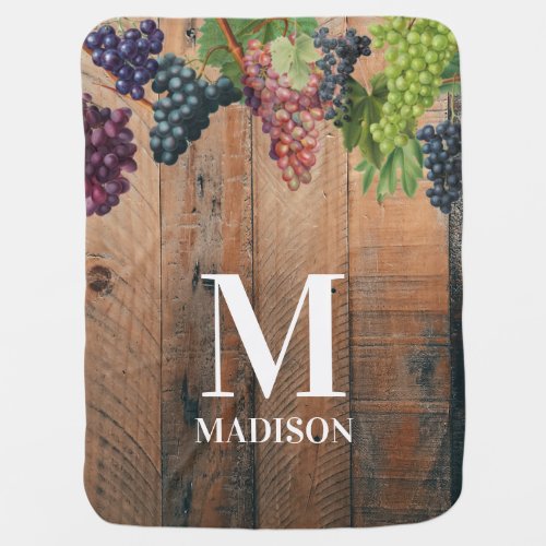 Rustic Vineyard Wood  Grapes Monogram Baby Blanket