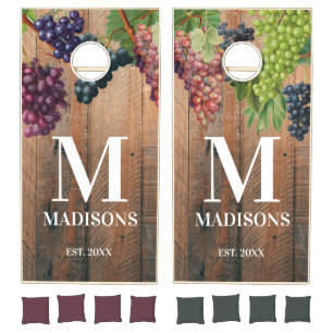 Rustic Vineyard Wood & Grapes Monogram Cornhole Set