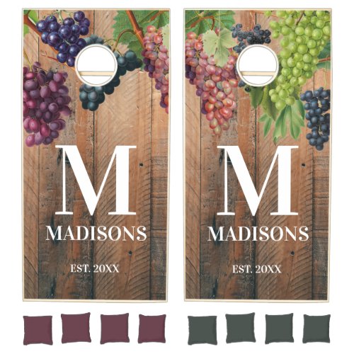 Rustic Vineyard Wood  Grapes Monogram Cornhole Set