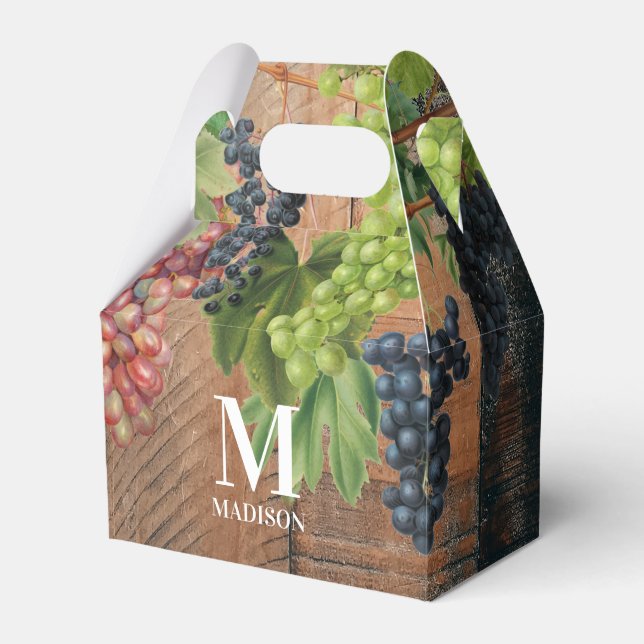 Rustic Vineyard Wood & Grapes Monogram Favor Boxes (Front Side)