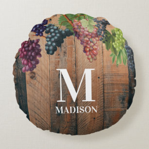 Rustic Vineyard Wood & Grapes Monogram Round Pillow