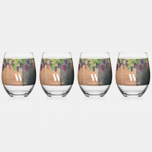 Rustic Vineyard Wood  Grapes Monogram Stemless Wine Glass