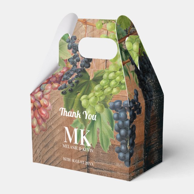 Rustic Vineyard Wood & Grapes Monogram Wedding Favor Boxes (Front Side)