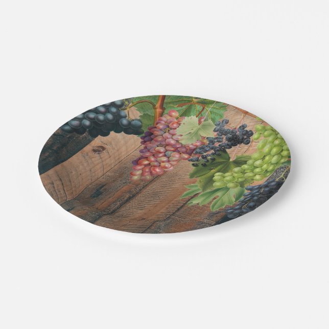 Rustic Vineyard Wood & Grapes Paper Plates (Angled)