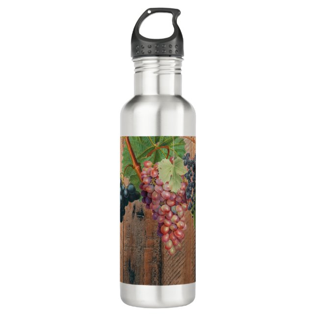 Rustic Vineyard Wood & Grapes Stainless Steel Water Bottle (Front)