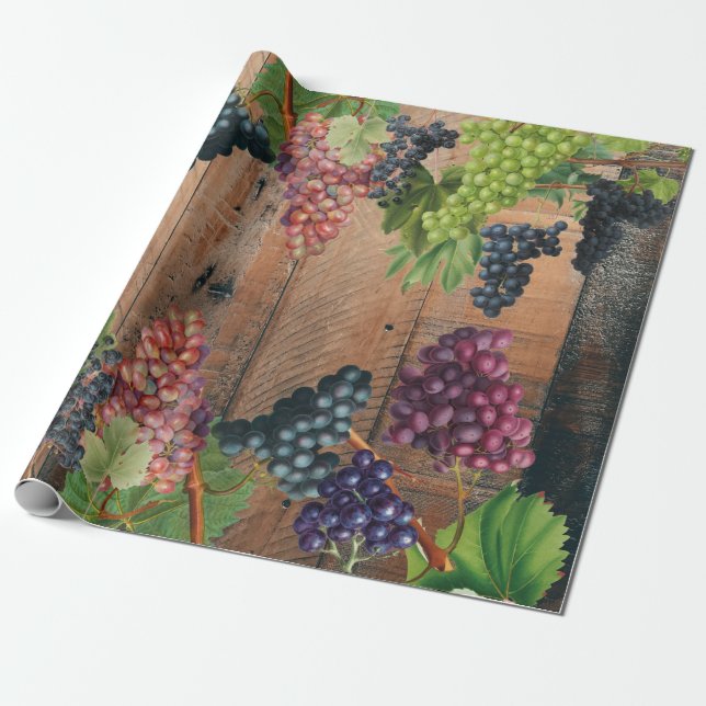 Rustic Vineyard Wood & Grapes Wrapping Paper (Unrolled)
