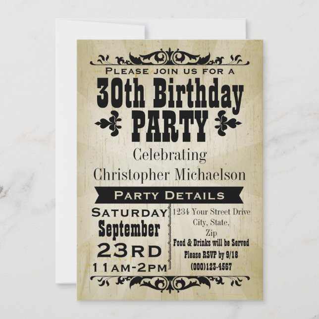 Rustic Vintage 30th Birthday Party Invitation (Front)