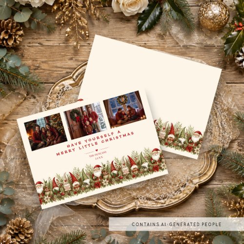 Rustic Vintage 3 Photo Gnome Christmas TMF26 Holiday Card
