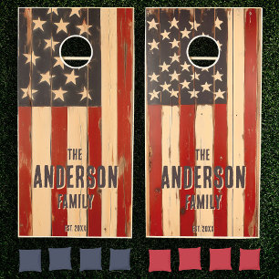 Rustic Vintage American Flag Custom Family Name Cornhole Set