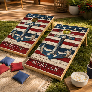 Rustic Vintage American Flag Nautical Anchor Cornhole Set