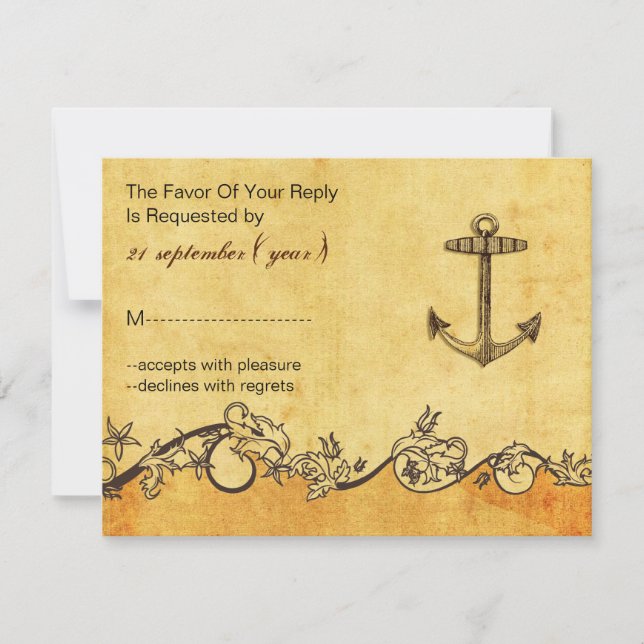 rustic, vintage ,anchor nautical wedding rsvp (Front)