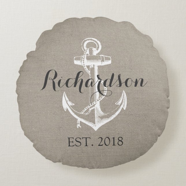 Rustic Vintage Anchor Wedding Monogram Round Pillow (Front)