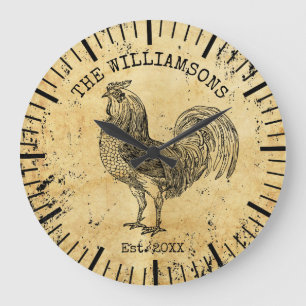 Rustic Vintage Antique Family Name Farm Chicken Large Clock