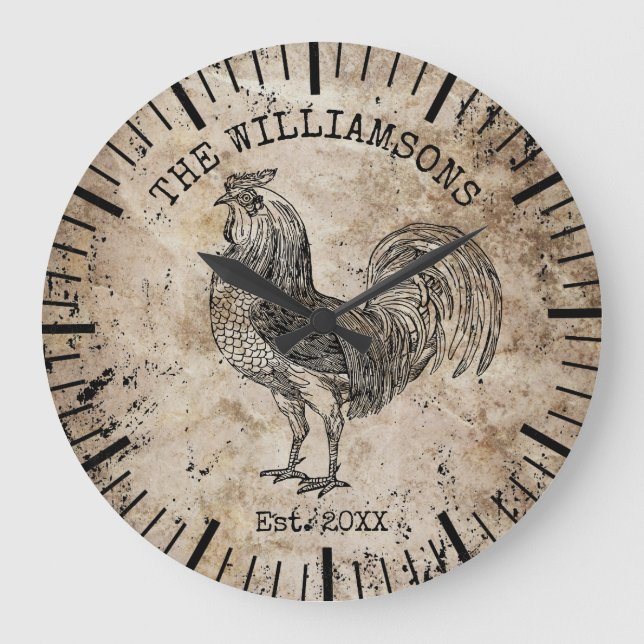 Rustic Vintage Antique Family Name Farm Chicken Large Clock (Front)