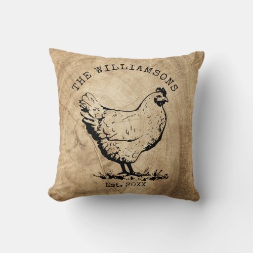 Rustic Vintage Antique Family Name Farm Hen Throw Pillow